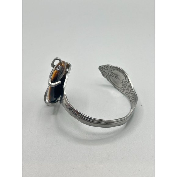 Flatware Jewelry Handcrafted Fork Bangle Bracelet Tiger Eye Stone Primitive - Picture 3 of 11